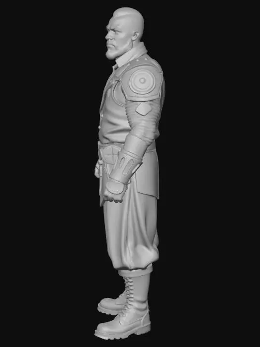 3D model for A distinguished African American man with a short beard and dystopian form fitting body armor ((Futuristic Banker)). The man wears a dark dystopian Bankers Outfit, a brown waistcoat, pocket chain, with his right armored arm adorned by intricate, swirling golden tattoos. He wears a dystopian sidearm around his waist with extra plasma rounds belt. Dystopian Wasteland boots.