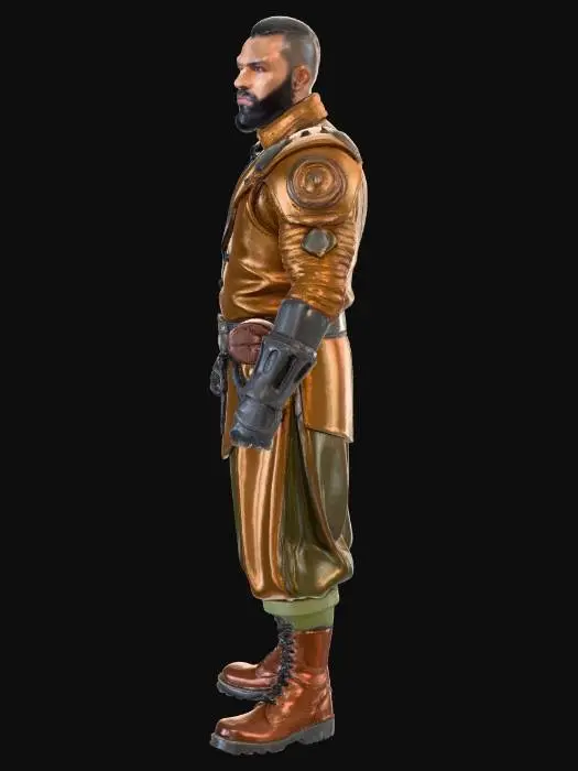 3D model for A distinguished African American man with a short beard and dystopian form fitting body armor ((Futuristic Banker)). The man wears a dark dystopian Bankers Outfit, a brown waistcoat, pocket chain, with his right armored arm adorned by intricate, swirling golden tattoos. He wears a dystopian sidearm around his waist with extra plasma rounds belt. Dystopian Wasteland boots.