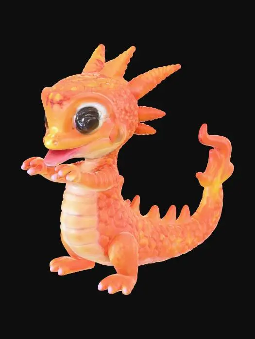 3D model for animated orange salamander with flames igniting from glassy scales  flicking out its light pink tongue