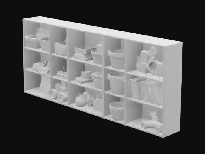 3D model for create me a shelf of 77 cm high and 170 cm long, divided in 8 squares of 33 cm in wood color. inside it put baskets with toys, cars, lego blocks, books, puzzles, etc. 
