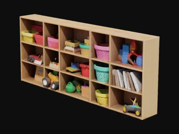 3D model for create me a shelf of 77 cm high and 170 cm long, divided in 8 squares of 33 cm in wood color. inside it put baskets with toys, cars, lego blocks, books, puzzles, etc. 
