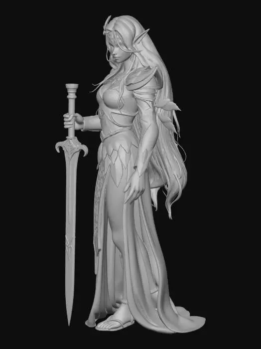 3D model for A radiant elf goddess ,tall and graceful. Her skin glows with a soft celestial light, etched with faint runes of divinity. Long silver-gold hair flows freely, braided with leaves and crystals. Her eyes shine emerald, calm yet powerful .She wields an elegant, enchanted sword—slender and curved, forged of luminous metal, its blade glowing with arcane energy. Ethereal armor wraps her form: leaf-shaped plates, polished silver and emerald, blending nature and divinity. Light motes drift around her