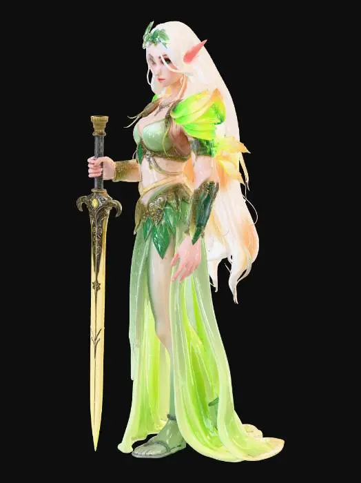 3D model for A radiant elf goddess ,tall and graceful. Her skin glows with a soft celestial light, etched with faint runes of divinity. Long silver-gold hair flows freely, braided with leaves and crystals. Her eyes shine emerald, calm yet powerful .She wields an elegant, enchanted sword—slender and curved, forged of luminous metal, its blade glowing with arcane energy. Ethereal armor wraps her form: leaf-shaped plates, polished silver and emerald, blending nature and divinity. Light motes drift around her