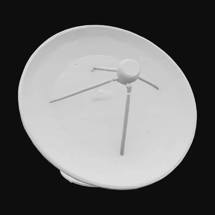 3D model for Starlink Radar Dish: A modern, high-tech radar dish designed for satellite communication. The dish is sleek and circular, with a smooth, metallic surface. It is mounted on a sturdy base with adjustable angles for optimal positioning. The dish features subtle branding and a few small sensors around the rim. The base has a clean, industrial look with minimal wear. Stylized low-poly realism, detailed textures, space environment lighting, game-ready 3D model.