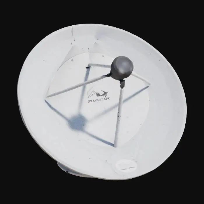 3D model for Starlink Radar Dish: A modern, high-tech radar dish designed for satellite communication. The dish is sleek and circular, with a smooth, metallic surface. It is mounted on a sturdy base with adjustable angles for optimal positioning. The dish features subtle branding and a few small sensors around the rim. The base has a clean, industrial look with minimal wear. Stylized low-poly realism, detailed textures, space environment lighting, game-ready 3D model.