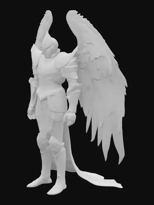 3D model for an armored winged guarden, shiny armor, brilliant dark feathered wings, and gold trim on the armor., leather belt and  suit