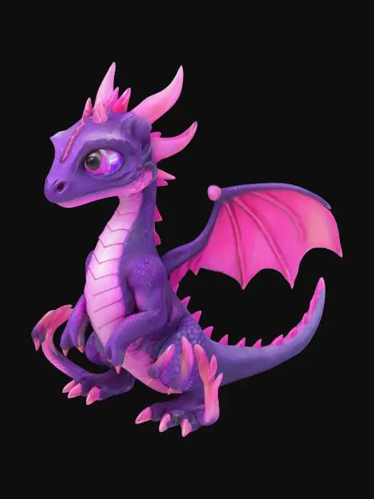3D model for An exotic dragon, color pink and dark purple with scales, fine details, sharp edges, glowing purple beedy eyes, and darker ridges and horns and claws, the insides of the windows a intense pink as though it is illuminmated, the scales running down its back have an irridencet ping glow edges around them, leather spots and veins in the wings