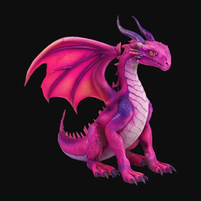 3D model for An exotic dragon, color pink and dark purple with scales, fine details, sharp edges, glowing purple beedy eyes, and darker ridges and horns and claws, the insides of the windows a intense pink as though it is illuminmated, the scales running down its back have an irridencet ping glow edges around them, leather spots and veins in the wings
