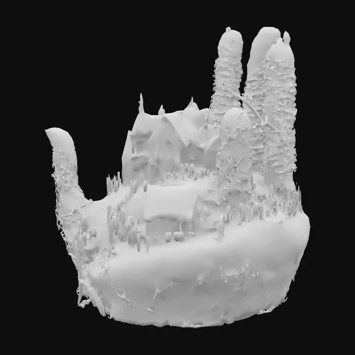 3D model for a cryptic hand raised from the ground holding a gothic church surrounded by graveyards in fine and extreme detail