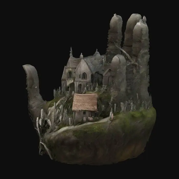 3D model for a cryptic hand raised from the ground holding a gothic church surrounded by graveyards in fine and extreme detail