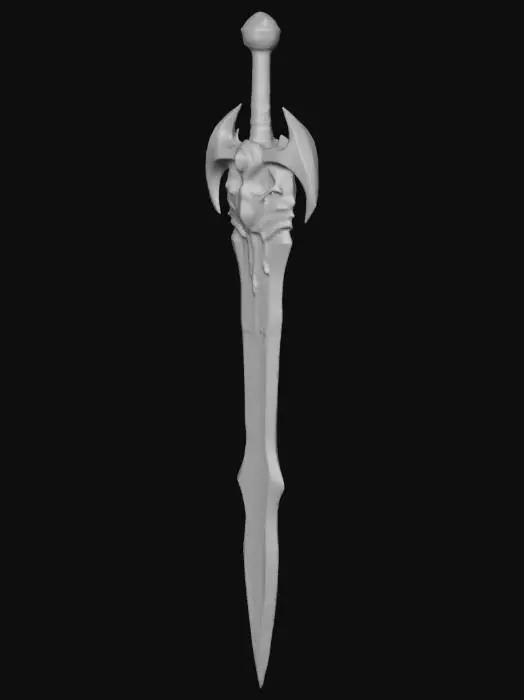 3D model for A single, vertically centered fantasy longsword displayed front-facing on a plain white studio background. The sword has a dark, gothic, demonic design with an aggressive silhouette. The blade is long and symmetrical, tapering to a sharp point, with jagged, organic-looking protrusions along the fuller. The metal appears dark steel with worn, matte surfaces and subtle edge wear.

The crossguard is claw-like and asymmetrical, shaped like curved talons extending outward and downward. At the center of the guard sits an amber-colored gem set into dark metal. Below the guard, the blade incorporates a demonic face motif carved into the metal, with glowing orange eyes embedded in the design.

The grip is wrapped in dark, aged leather with segmented ridges for grip definition. The pommel is sculpte