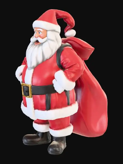 3D model for Santa Claus is described as a jolly, portly, and white-bearded man who wears a red suit with white fur trim and delivers gifts to children on Christmas Eve. According to folklore, he lives at the North Pole, makes toys with the help of elves, and travels the world in a sleigh pulled by flying reindeer.