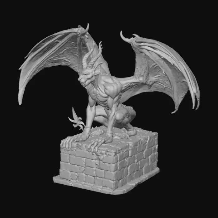 3D model for winged gargoyle perched on a crumbling castle, wings spread wide, tail wrapped around stone. Dark scales, horned head, fierce eyes, claws gripping weathered brick. Moody lighting, mist at base, detailed but solid structure. Centered composition, dramatic silhouette, ready as a printable 3D fantasy sculpture. no tail