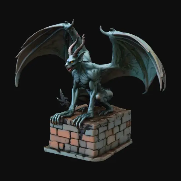 3D model for winged gargoyle perched on a crumbling castle, wings spread wide, tail wrapped around stone. Dark scales, horned head, fierce eyes, claws gripping weathered brick. Moody lighting, mist at base, detailed but solid structure. Centered composition, dramatic silhouette, ready as a printable 3D fantasy sculpture. no tail
