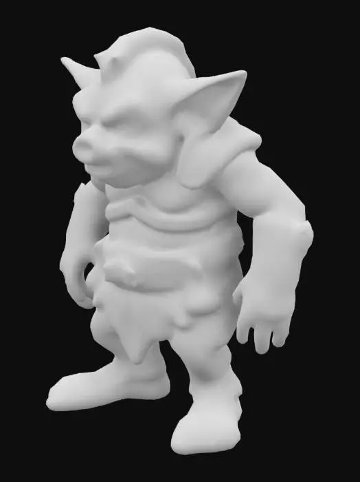 3D model for Create a stylized goblin-like grunt enemy inspired by Fable Anniversary's Hobbes. Short, stocky body with a round belly, hunched posture, and exaggerated features. Large ears, sharp teeth, pig-like nose, and mischievous expression. Worn leather armor, patched cloth, and crude metal bracers. Textured for a fantasy RPG, T-pose, game-ready proportions