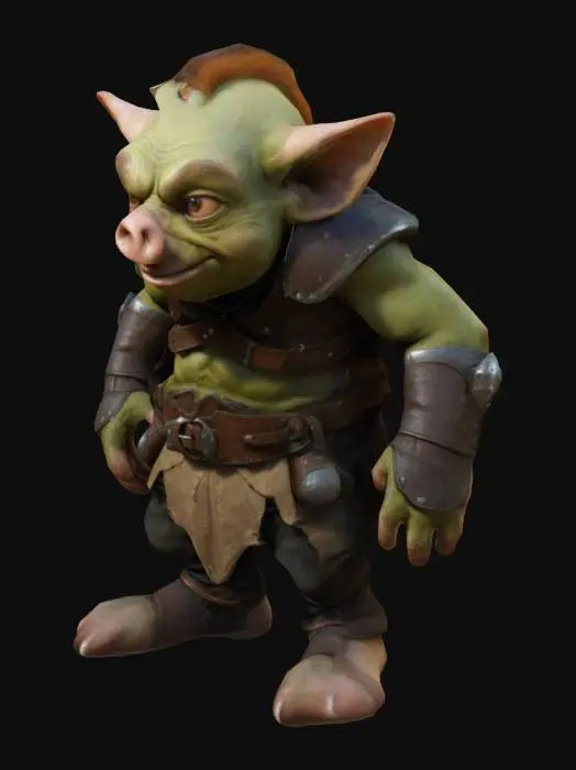 3D model for Create a stylized goblin-like grunt enemy inspired by Fable Anniversary's Hobbes. Short, stocky body with a round belly, hunched posture, and exaggerated features. Large ears, sharp teeth, pig-like nose, and mischievous expression. Worn leather armor, patched cloth, and crude metal bracers. Textured for a fantasy RPG, T-pose, game-ready proportions