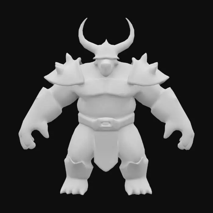 3D model for A stocky humanoid enemy in dark armor with orange accents, spiked shoulder pads, horned helmet. Red-and-white striped cloth around waist. T-Pose for rigging, arms outstretched. Gritty fantasy style, robust build, menacing, with rugged textures.