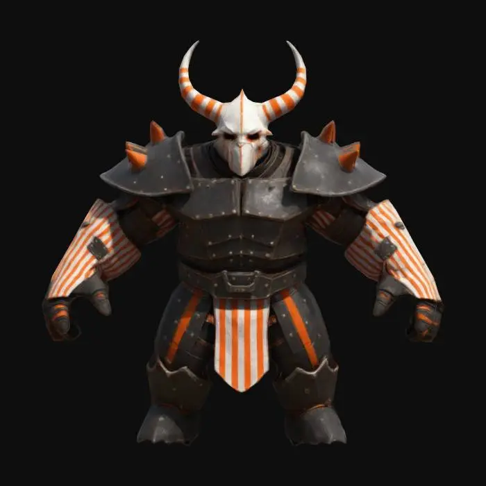 3D model for A stocky humanoid enemy in dark armor with orange accents, spiked shoulder pads, horned helmet. Red-and-white striped cloth around waist. T-Pose for rigging, arms outstretched. Gritty fantasy style, robust build, menacing, with rugged textures.