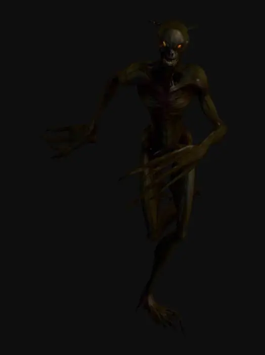 3D model for A very tall, unsettling humanoid monster designed for a horror game. The creature always smiles in an unnatural, exaggerated way, attempting to appear human but failing. Its body is elongated and unnaturally pointy — with sharp shoulders, long spindly limbs, and fingers that taper into claw-like points. Its proportions are distorted, with a stretched neck and legs that make it tower over humans. The skin should look pale and slightly off, like wax or plastic, giving an uncanny valley effect. Despite its attempts at humanity (smile, posture, maybe human-like clothes that don’t quite fit), it radiates menace. The lighting should emphasize shadows, making the smile the most disturbing feature. Make it in A pose.