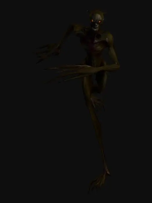 3D model for A very tall, unsettling humanoid monster designed for a horror game. The creature always smiles in an unnatural, exaggerated way, attempting to appear human but failing. Its body is elongated and unnaturally pointy — with sharp shoulders, long spindly limbs, and fingers that taper into claw-like points. Its proportions are distorted, with a stretched neck and legs that make it tower over humans. The skin should look pale and slightly off, like wax or plastic, giving an uncanny valley effect. Despite its attempts at humanity (smile, posture, maybe human-like clothes that don’t quite fit), it radiates menace. The lighting should emphasize shadows, making the smile the most disturbing feature. Make it in A pose.