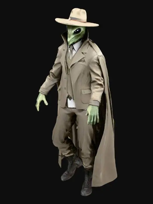 3D model for please create a 3d character, an alien gangster, in an old dusty suit and fedora, make it realistic, not cartoonish. alien gangster. hyper-realistic. alien, alien, alien.

Alien eyes, alien face, no extra limbs, no extra fingers, no extra body parts.

Alien eyes, alien face. Alien eyes, alien face. Alien, alien.