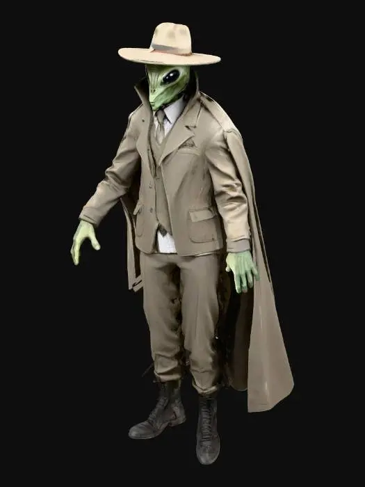 3D model for please create a 3d character, an alien gangster, in an old dusty suit and fedora, make it realistic, not cartoonish. alien gangster. hyper-realistic. alien, alien, alien.

Alien eyes, alien face, no extra limbs, no extra fingers, no extra body parts.

Alien eyes, alien face. Alien eyes, alien face. Alien, alien.
