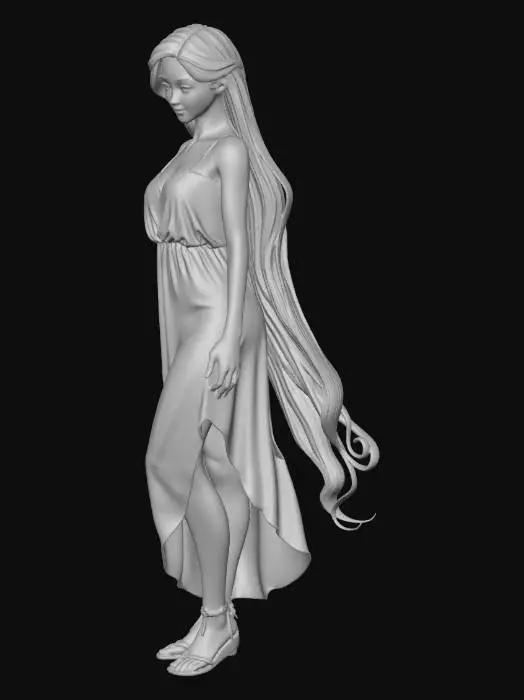 3D model for 年轻人类女性。头发：长发，黑色，卷发。脸型：鹅蛋脸，丹凤眼，樱桃嘴。身高：168.体重：55kg.三围：86/60/90.衣物：无多余衣物，仅有一件透光薄纱吊带裙，没有胸罩和内裤。