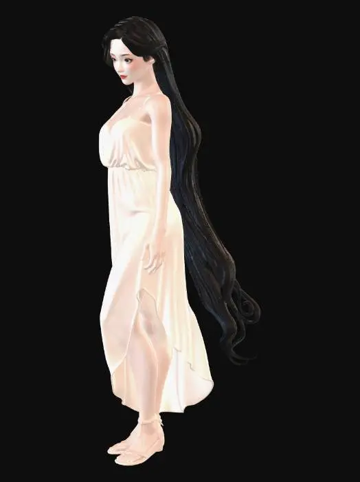 3D model for 年轻人类女性。头发：长发，黑色，卷发。脸型：鹅蛋脸，丹凤眼，樱桃嘴。身高：168.体重：55kg.三围：86/60/90.衣物：无多余衣物，仅有一件透光薄纱吊带裙，没有胸罩和内裤。