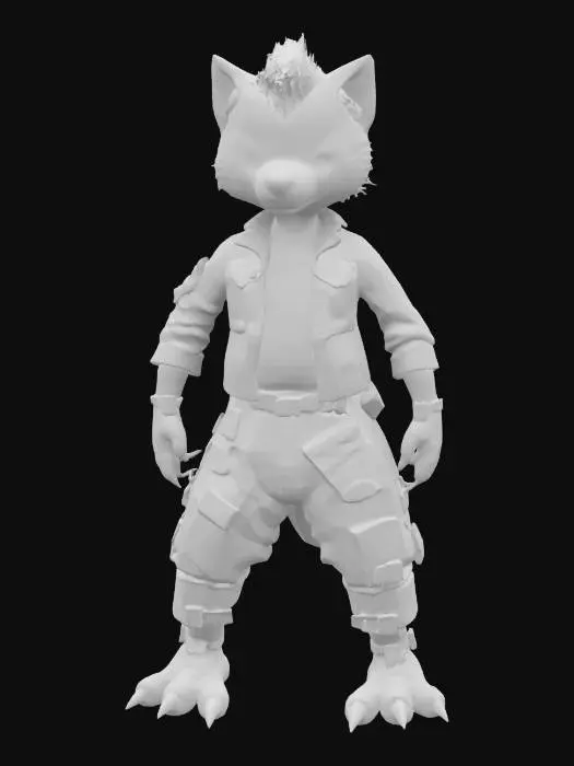 3D model for an anthropomorphic red panda character with wild crimson and black fur featuring asymmetrical patterns. The character should have a high-contrast punk-rock aesthetic, wearing oversized cargo pants with frayed hems and an oversized fitted denim jacket with vibrant patches. Showcase a spiky electric-blue mohawk and glowing luminescent eyes. The character should have sharp clawed fingers and be posed in an A-pose, exuding a rebellious, edgy vibe of the 90s., #game figure#, Highly Detailed