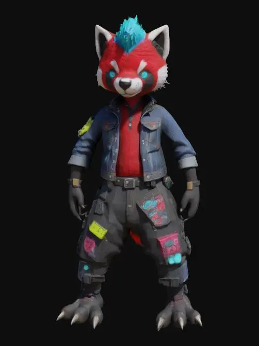 3D model for an anthropomorphic red panda character with wild crimson and black fur featuring asymmetrical patterns. The character should have a high-contrast punk-rock aesthetic, wearing oversized cargo pants with frayed hems and an oversized fitted denim jacket with vibrant patches. Showcase a spiky electric-blue mohawk and glowing luminescent eyes. The character should have sharp clawed fingers and be posed in an A-pose, exuding a rebellious, edgy vibe of the 90s., #game figure#, Highly Detailed