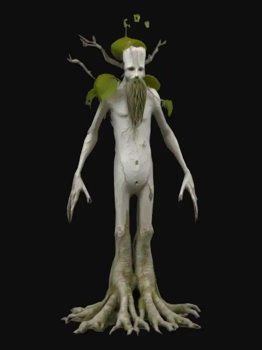 3D model for a "Root Golem" in a style inspired by Arthur Rackham, a tall, lanky birch-tree-like creature with elongated branch-like limbs root-like feet and cracked white birch-bark-like skin. A beard made of moss. With branches filled with long hanging moss growing from its shoulders and back. With whites, greys, blacks, whites, tans and greens. Neutral colors. Highly textured. With detailed linework and a focus on texture. Medieval, Fantasy, Hand Painted, Highly Detailed, A-pose