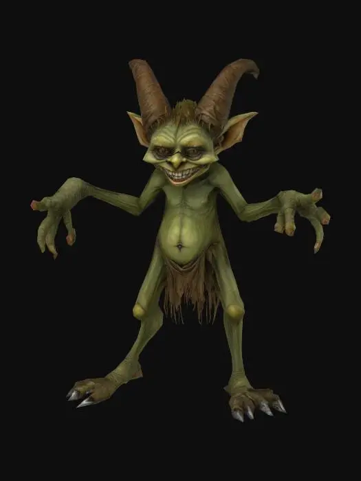 3D model for A mischievous Bog Imp, Arthur Rackham style. The imp has elongated limbs, sharp claws, and a wide, unsettling grin. Its skin is a sickly green, with patches of brown and grey. With detailed linework and a focus on texture. Medieval, Fantasy, Hand Painted, Highly Detailed, A-pose