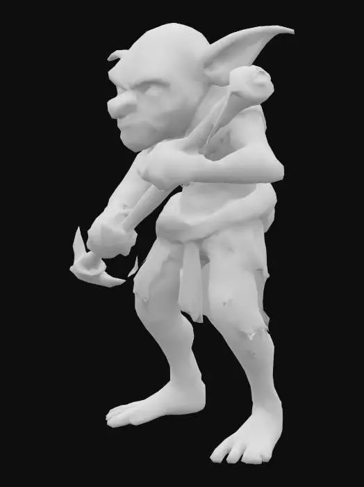3D model for A Goblin Grunt, Arthur Rackham style, small, wiry goblin, hunched posture, pointed ears, rusty weapon, sickly green skin, tattered rags, detailed and grotesque, muted greens, yellows, greys and browns., Medieval, Fantasy, Hand Painted, Highly Detailed, A-pose
