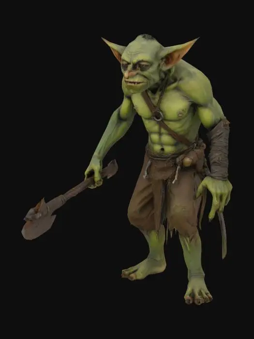 3D model for A Goblin Grunt, Arthur Rackham style, small, wiry goblin, hunched posture, pointed ears, rusty weapon, sickly green skin, tattered rags, detailed and grotesque, muted greens and browns., Medieval, Fantasy, Hand Painted, Highly Detailed, A-pose