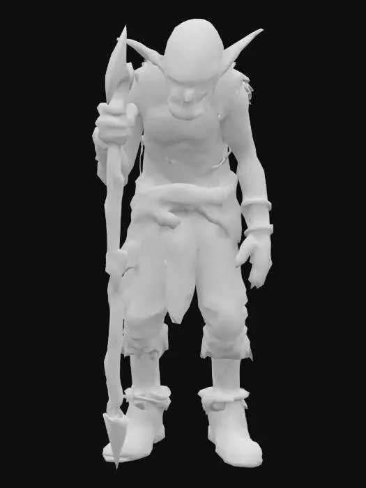 3D model for A Goblin Grunt, Arthur Rackham style, small, wiry goblin, hunched posture, pointed ears, rusty weapon, sickly green skin, tattered rags, detailed and grotesque, muted greens and browns., Medieval, Fantasy, Hand Painted, Highly Detailed, A-pose