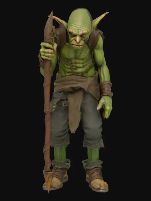3D model for A Goblin Grunt, Arthur Rackham style, small, wiry goblin, hunched posture, pointed ears, rusty weapon, sickly green skin, tattered rags, detailed and grotesque, muted greens and browns., Medieval, Fantasy, Hand Painted, Highly Detailed, A-pose