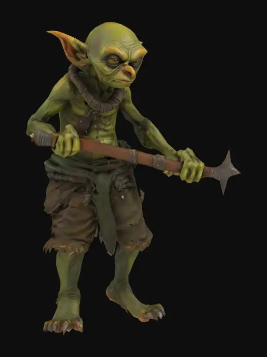 3D model for A Goblin Grunt, Arthur Rackham style, small, wiry goblin, hunched posture, pointed ears, rusty weapon, sickly green skin, tattered rags, detailed and grotesque, muted greens and browns., Medieval, Fantasy, Hand Painted, Highly Detailed, A-pose