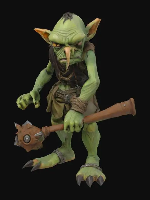 3D model for A Goblin Grunt, Arthur Rackham style, small, wiry goblin, hunched posture, pointed ears, rusty weapon, sickly green skin, tattered rags, detailed and grotesque, muted greens and browns., Medieval, Fantasy, Hand Painted, Highly Detailed, A-pose