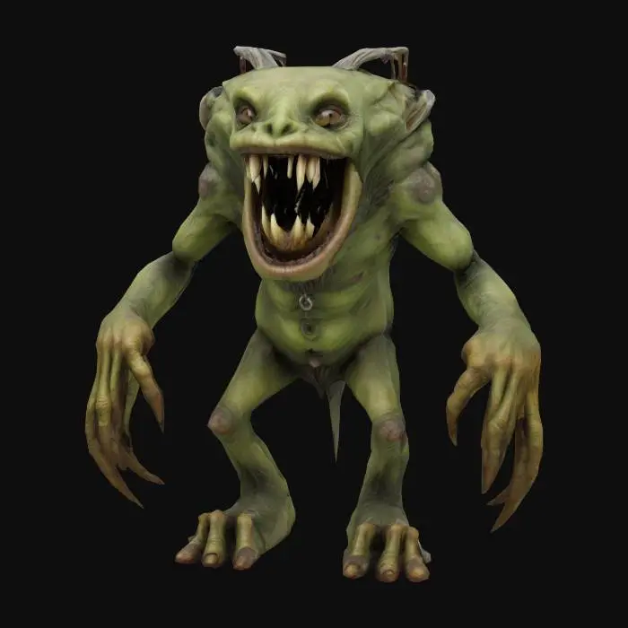 3D model for A mischievous Bog Imp, Arthur Rackham style. The imp has elongated limbs, sharp claws, and a wide, unsettling grin. Its skin is a sickly green, with patches of brown and grey. With detailed linework and a focus on texture. Medieval, Fantasy, Hand Painted, Highly Detailed, A-pose