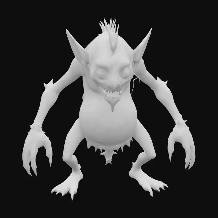 3D model for A mischievous Bog Imp, Arthur Rackham style. The imp has elongated limbs, sharp claws, and a wide, unsettling grin. Its skin is a sickly green, with patches of brown and grey. With detailed linework and a focus on texture. Medieval, Fantasy, Hand Painted, Highly Detailed, A-pose