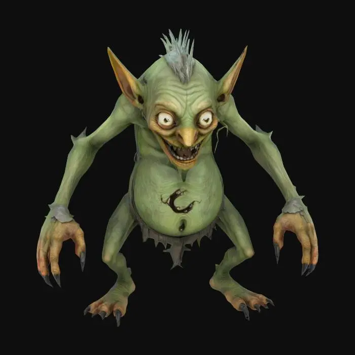 3D model for A mischievous Bog Imp, Arthur Rackham style. The imp has elongated limbs, sharp claws, and a wide, unsettling grin. Its skin is a sickly green, with patches of brown and grey. With detailed linework and a focus on texture. Medieval, Fantasy, Hand Painted, Highly Detailed, A-pose