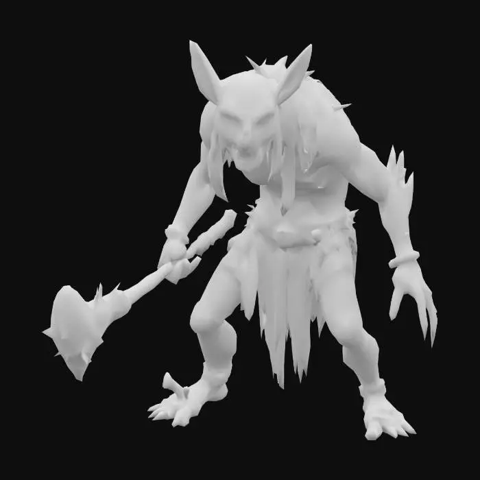 3D model for A Goblin Grunt, Arthur Rackham style, small, wiry goblin, hunched posture, pointed ears, rusty weapon, sickly green skin, tattered rags, detailed and grotesque, muted greens and browns., Medieval, Fantasy, Hand Painted, Highly Detailed, A-pose