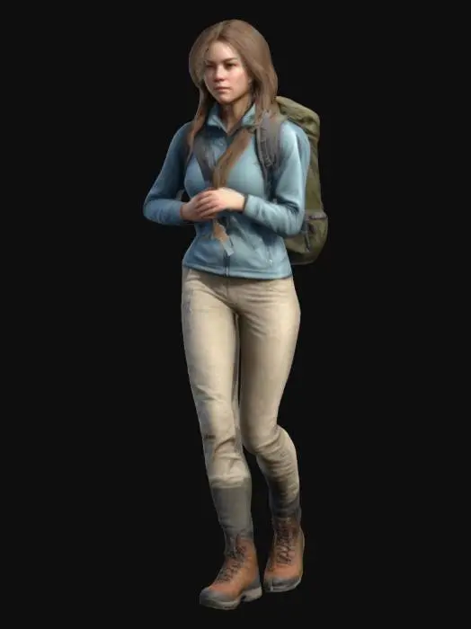 3D model for A female hiker with long hair, wearing a jacket and backpack, long pants and hiking boots. In natural movement as she walks. Ultra realistic