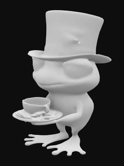 3D model for You’re an experienced artist who specializes in creating detailed character illustrations for various animated films Your forte lies in recreating iconic gaming characters with meticulous attention to detail. You've been commissioned to create an illustration of a character resembling a anthropomorphic frog wearing a top hat with a molecule, wind and the willows, amphibian, #tea party#