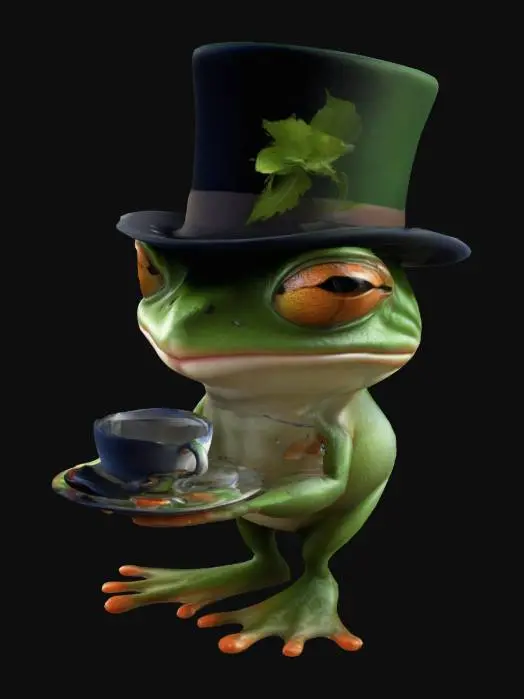 3D model for You’re an experienced artist who specializes in creating detailed character illustrations for various animated films Your forte lies in recreating iconic gaming characters with meticulous attention to detail. You've been commissioned to create an illustration of a character resembling a anthropomorphic frog wearing a top hat with a molecule, wind and the willows, amphibian, #tea party#