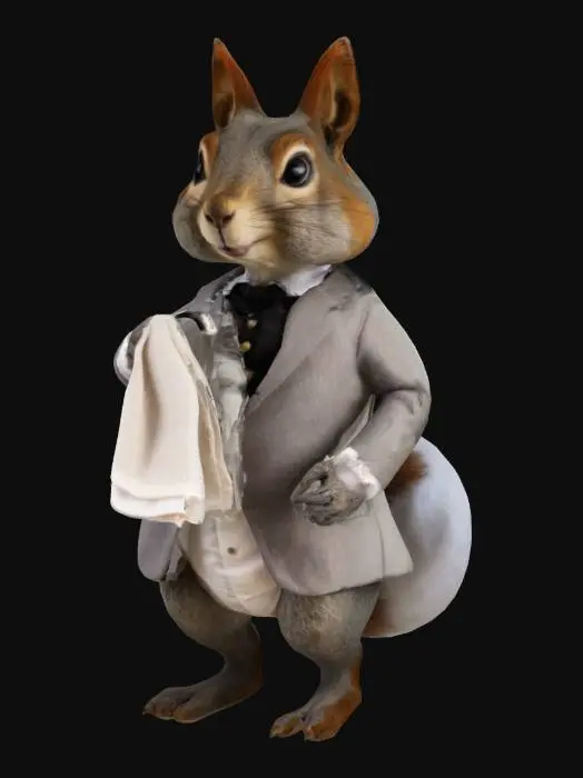 3D model for #tea party# squirrel butler character in victorian suit, curvy fur, inspired by alice in wonderland, antique, vintage, serving, left arm hanging with linen towel