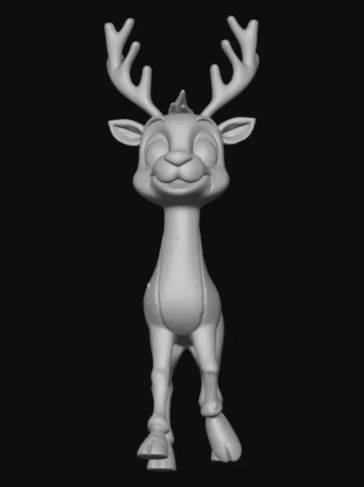 3D model for Generar un modelo 3D rigged que represente a Rodolf el reno de nariz roja centelleante de Santa Claus, creado de forma que pueda mover la cabeza, la nariz debe poder iluminarse y apagarse. la cabeza debe poder girar a izquierda y derecha y cabécar de arriba abajo, las cuatro patas se deben mover para realizar el movimiento de la carrera propia de un reno. La piel debe ser  la propia de un reno. El modelo debe ser compatible con Blender 4.1