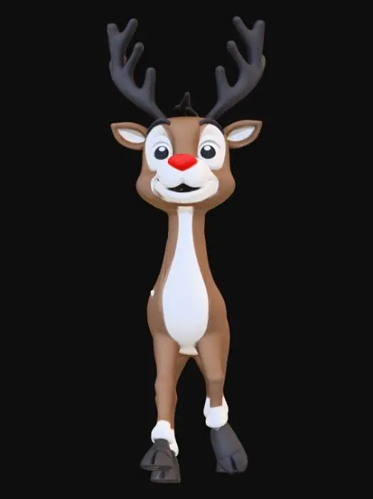 3D model for Generar un modelo 3D rigged que represente a Rodolf el reno de nariz roja centelleante de Santa Claus, creado de forma que pueda mover la cabeza, la nariz debe poder iluminarse y apagarse. la cabeza debe poder girar a izquierda y derecha y cabécar de arriba abajo, las cuatro patas se deben mover para realizar el movimiento de la carrera propia de un reno. La piel debe ser  la propia de un reno. El modelo debe ser compatible con Blender 4.1