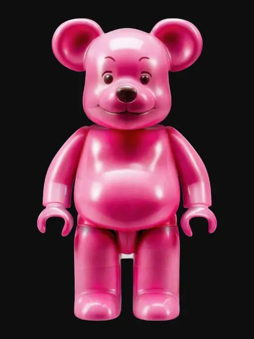 3D model for A pink Bearbrick teddy bear in its signature style: smooth plastic body, proportional shape with a large round head and short limbs. A smiling, friendly face. Glossy surface with soft pink tones. High detail, realistic style.
