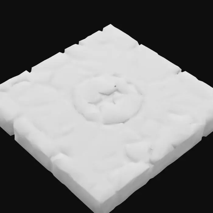 3D model for High-quality modular floor tile for a dark fantasy video game environment, inspired by Diablo IV. The prop should feature worn, cracked stone slabs with gothic, infernal, and medieval visual elements. Include realistic weathering, dirt buildup, moss in crevices, and bloodstains in subtle patterns. The texture should be highly detailed and PBR-ready, emphasizing realism and a sinister, ancient aesthetic. Top-down orthographic view, neutral lighting, seamless edge design for modular tiling